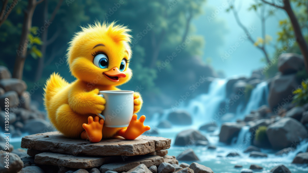 Poster Adorable animated duck with a tablet computer sitting next to a tranquil waterfall.