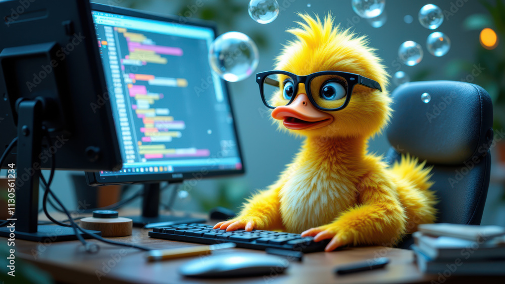 Poster a yellow rubber duck wearing glasses, sitting at a desk with a monitor showing database code, repres