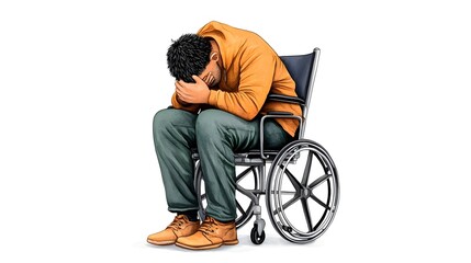 Obraz premium Emotional Struggle of a Young Man in a Wheelchair Reflects Challenges of Disability and Mental Health with Head in Hands in an Isolated Setting