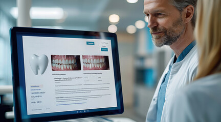 A dentist email newsletter on a digital screen, showing dental tips and appointment reminders, simple and clean layout with blue and white color scheme, dentist and patient imagery in the background.