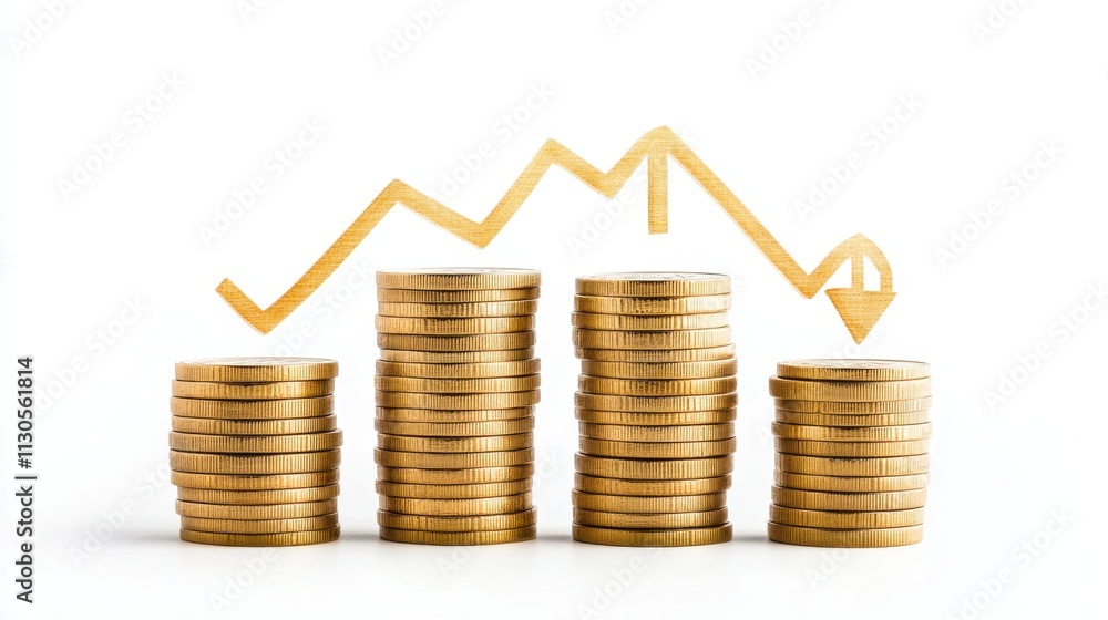 Poster four stacks of gold coins with a downward sloping graph above them, symbolizing a decline in value o