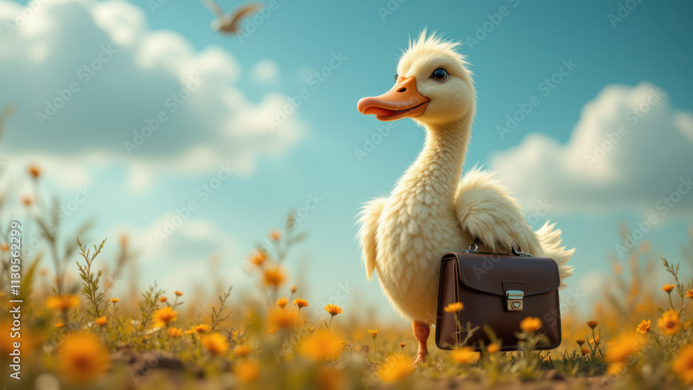 Poster cute animated duck carrying a briefcase walking in a field with flowers.