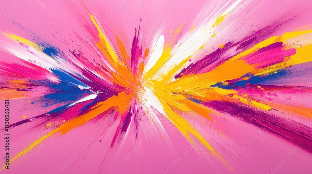 Poster vibrant explosion of colorful paint on a pink background, creating a dynamic and energetic compositi