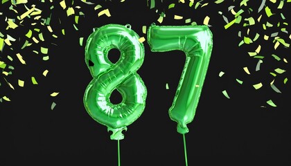 Obraz premium Green birthday / anniversary balloon, number 87, black background with confetti