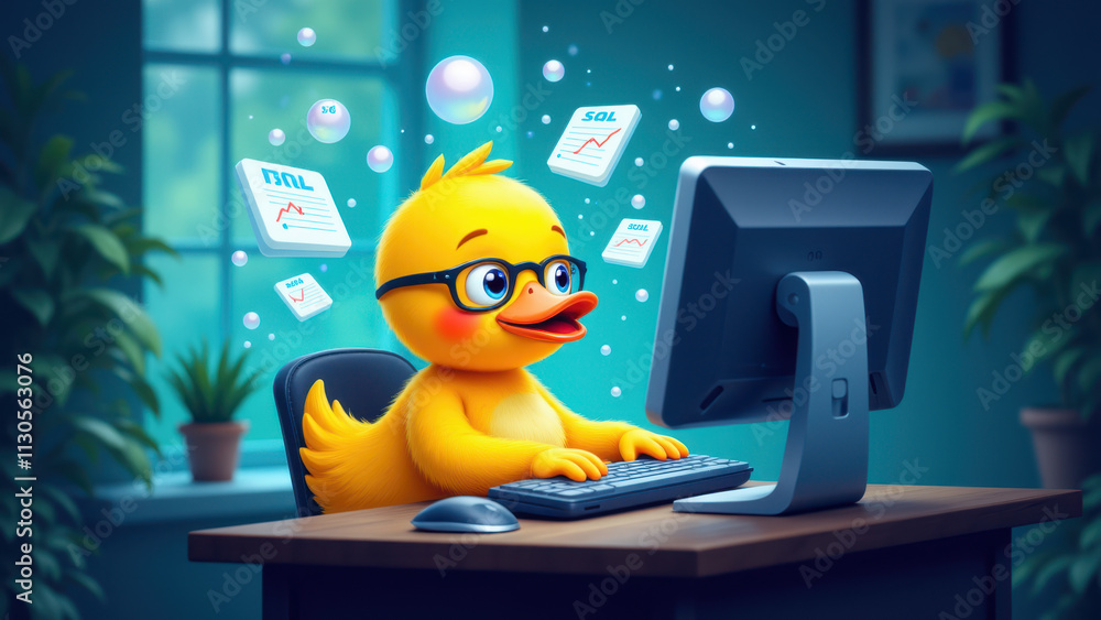 Poster a yellow rubber duck wearing glasses sitting at a desk using a computer with bubbles around it repre
