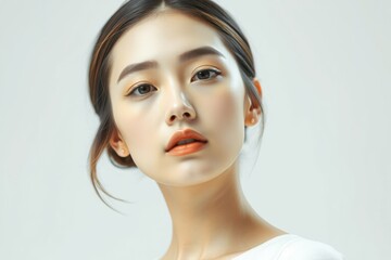 Fototapeta premium Elegant Asian woman with flawless glowing skin, soft orange makeup, and a sophisticated hairstyle, captured in a minimalist close-up portrait. Ideal for beauty and skincare themes.