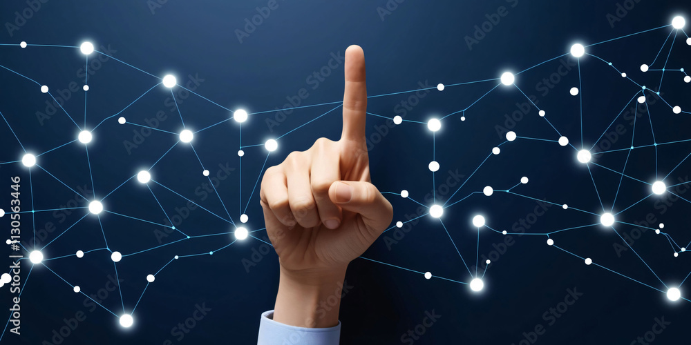 Poster concept of digital connection with hand signaling for communication in a network of glowing nodes