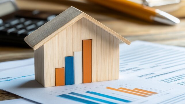 Small House Model with Orange and Blue Bar Graph on Real Estate Concept Background