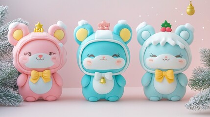 Three adorable cartoon mice in winter outfits.