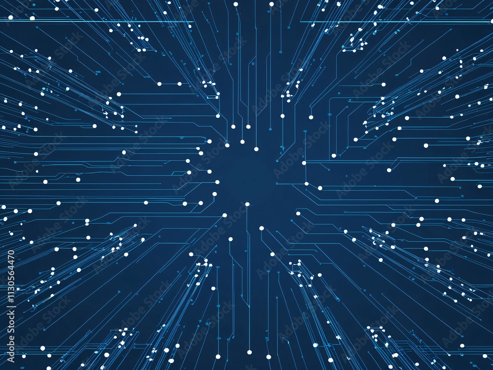 Poster digital network connections radiate from a central point creating a dynamic technological background