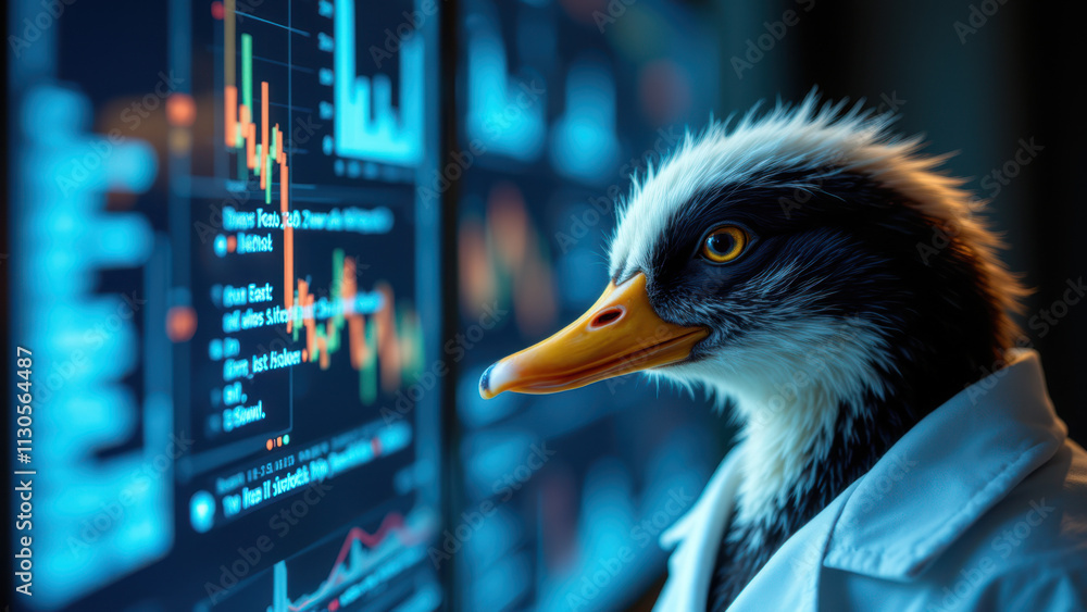 Poster a cartoon mallard duck wearing glasses and a white coat, looking at computer monitors with graphs re