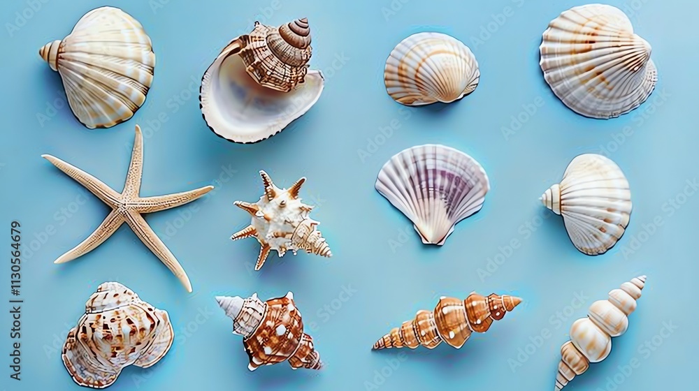 Poster a collection of seashells and a starfish arranged in a symmetrical pattern on a light blue backgroun