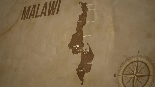Vintage Map of MALAWI with states Borders and Major Cities Positions