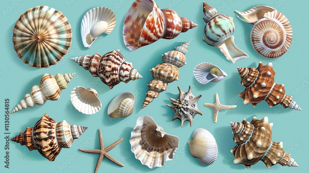 Poster a flat lay of seashells and a starfish arranged in a symmetrical pattern on a light blue background.