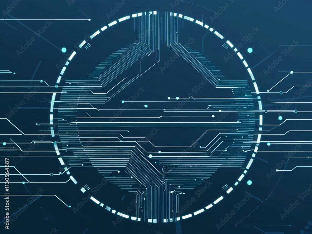 Poster abstract representation of digital circuitry and technology concepts against a blue background