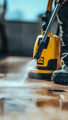 Fototapeta premium High-Pressure Washer Cleaning Dirty Concrete Surface DIY Project, Removing Dirt and Grime