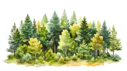 Fototapeta premium Lush Green Forest with Diverse Trees and Foliage in Watercolor Style, Showcasing a Vibrant Palette of Greens and Earthy Tones, Perfect for Nature Inspired Designs
