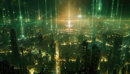 Fototapeta premium Futuristic Cityscape Illuminated By Green Energy Beams