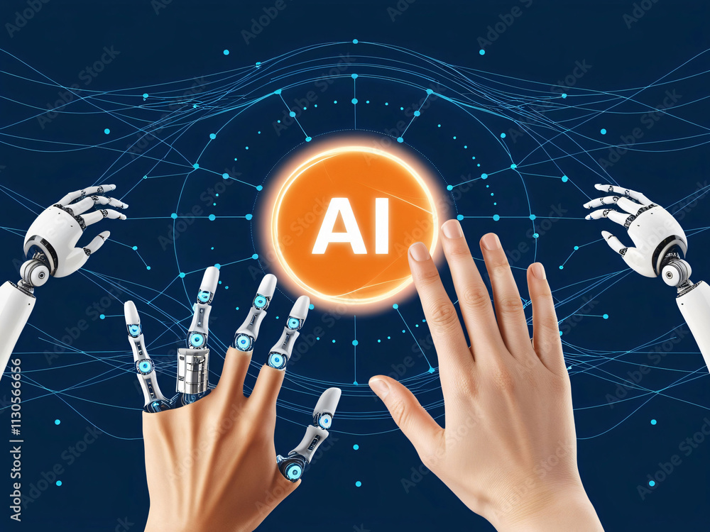 Poster human and robotic hands extend towards an orange symbol representing ai, surrounded by a network of 