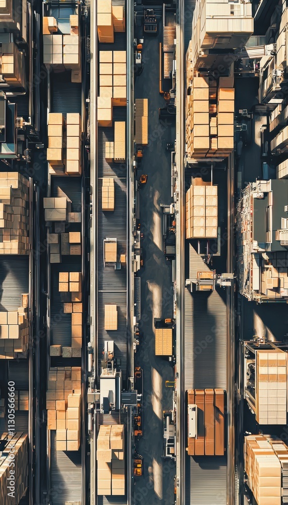 Poster aerial overview of automated packaging conveyor system in high-capacity logistics hub