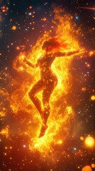 A fiery silhouette of a figure, embodying energy and movement amidst a cosmic backdrop.