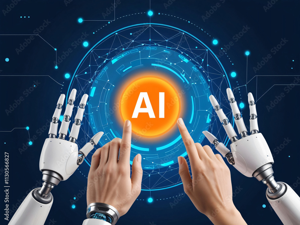 Poster human and robotic hands extend towards an orange symbol representing ai, surrounded by a network of 