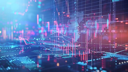 Fototapeta premium Vibrant scene of a global finance network where investment flows capital markets transactions and credit management are interconnected with data visualizations representing market trends