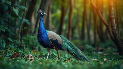 Obraz premium Colorful peacock strutting through the forest, feathered friends, avian behavior