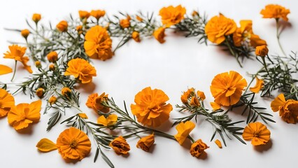 Fototapeta premium Vibrant Marigold Flowers Arranged With Green Foliage on a White Surface