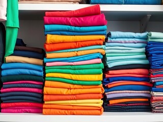 Colorful stack of pants with different bright colors stacked on a closet shelf, eclectic style, closet