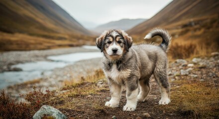 Obraz premium Adorable fluffy puppy exploring scenic mountain landscape near riverbank