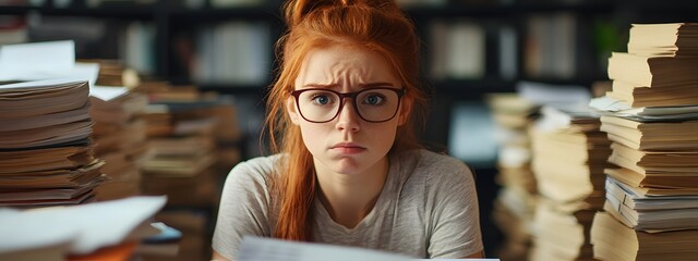 Obraz premium A young woman with red hair and glasses is sitting at her desk, surrounded by stacks of papers that she has to line up before the end-of-the-day deadline