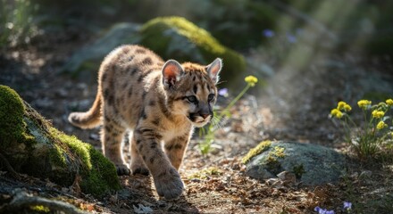 Fototapeta premium Young cougar cub exploring sunlit forest floor among mossy rocks