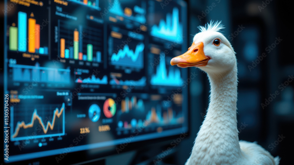 Poster a humorous scene featuring a stuffed duck with digital graphs and charts in the background.