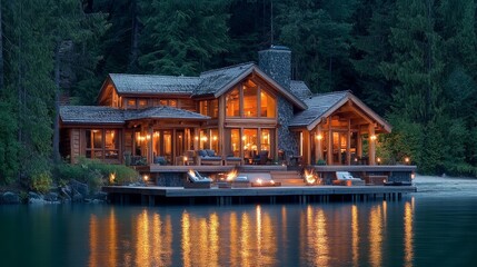 Obraz premium Luxury Lakeside Cabin Getaway at Twilight, Reflections on Calm Water, Cozy and Serene Ambiance