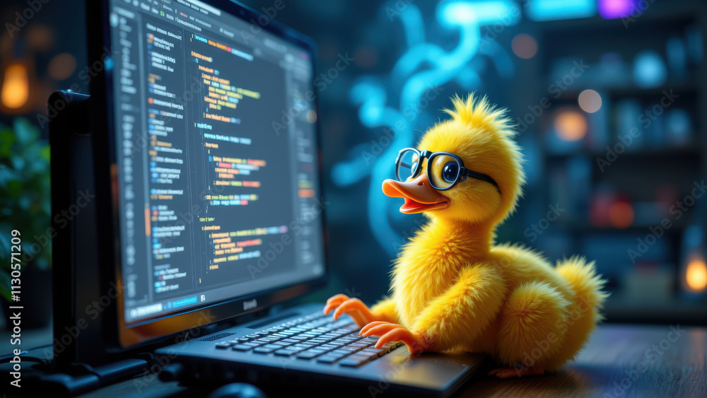 Poster a cute yellow duckling wearing glasses is sitting at a desk using a laptop with open code editor and