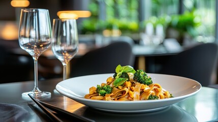 Freshly Prepared Pasta Dish with Broccoli in Elegant Restaurant Setting thai food