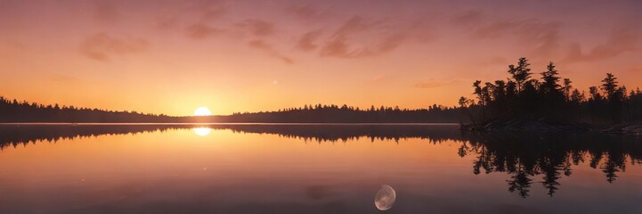 Fototapeta premium An orange-colored sunset with a white moon rising in the sky over a peaceful lake, outdoor landscape, serene environment