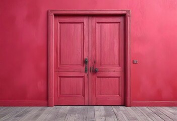 Obraz premium An oversized wooden door with a bold metal doorknob and a vibrant pink paint job in front of a bright red wall, colorful, interior decor