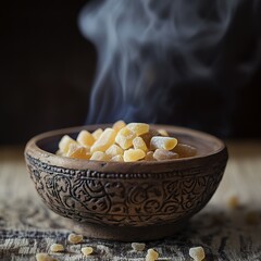 Natural aromatic frankincense resin burning in a decorative bowl, with smoke rising, symbolizing relaxation, meditation, and ancient traditions.