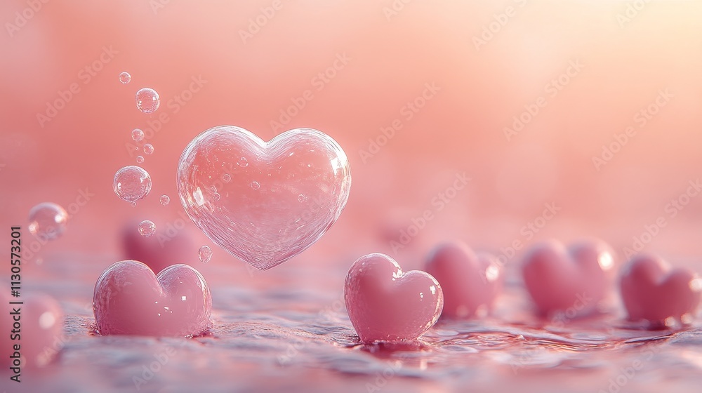 Aufkleber minimalistic pastel pink hearts with a radiant floating heart bubble above a soft gradient backgroun