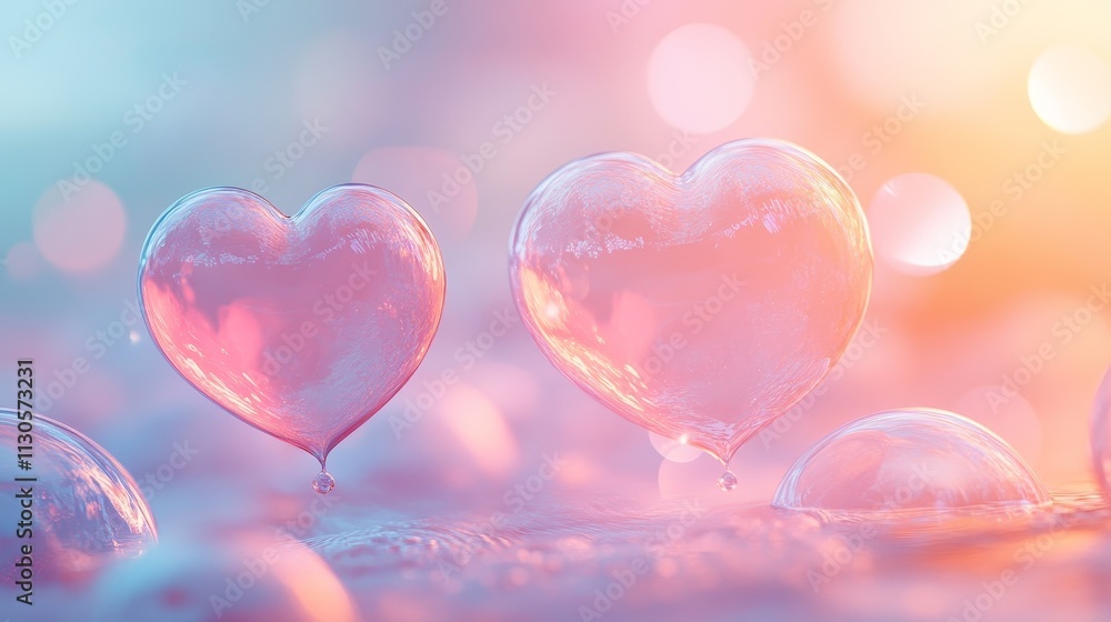 Poster minimalistic pastel pink hearts with a radiant floating heart bubble above a soft gradient backgroun