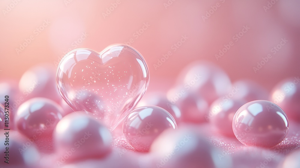 Poster minimalistic pastel pink hearts with a radiant floating heart bubble above a soft gradient backgroun