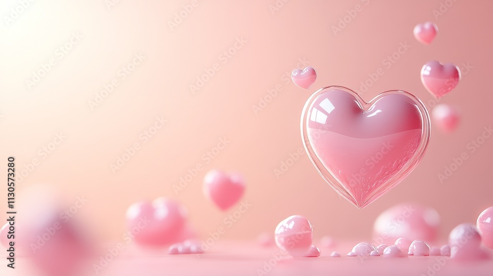 Poster minimalistic pastel pink hearts with a radiant floating heart bubble above a soft gradient backgroun