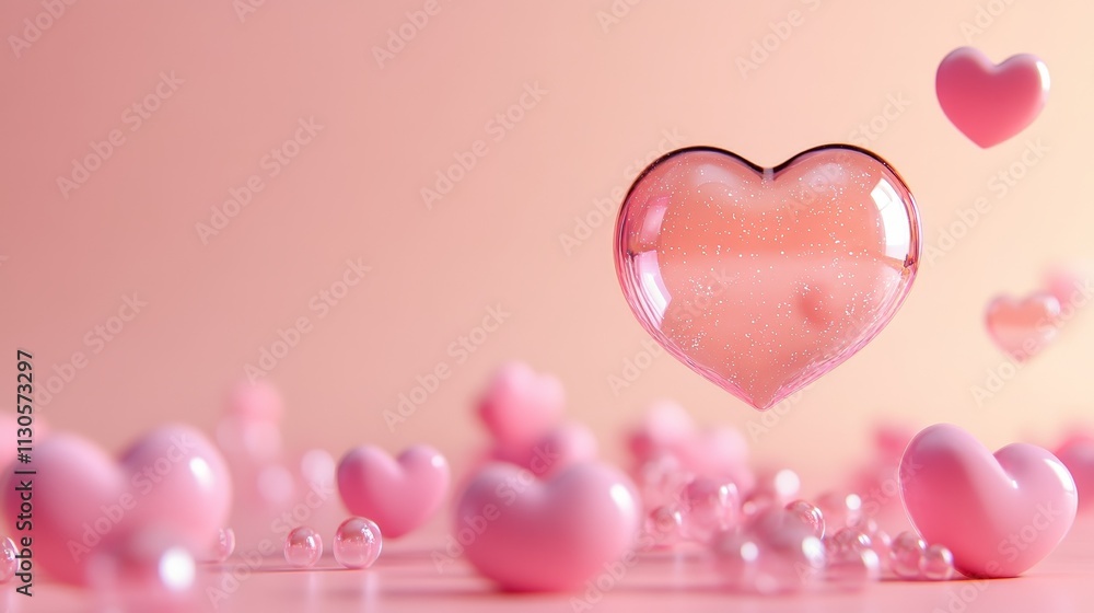 Poster minimalistic pastel pink hearts with a radiant floating heart bubble above a soft gradient backgroun