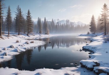 A serene and peaceful winter landscape with a frozen lake or river, tranquil, snowy