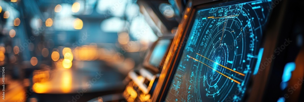 Poster futuristic control panel displaying advanced data and analytics in a neon-lit setting.