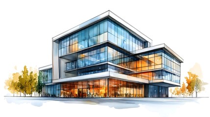 Obraz premium Modern Architectural Design of a Glass Building with Stylish Angles, Creative Layout, and Vibrant Windows Surrounded by Lush Greenery in a Bright White Background
