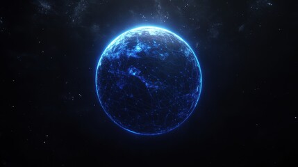 Fototapeta premium Blue Glowing Planet in Dark Space with Twinkling Stars and Light