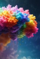 Fototapeta premium A vibrant rainbow-colored cloud with a few strands of glittering dew drops , enchanting atmosphere, sparkly dew